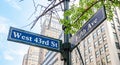 5th ave and W43 corner. Blue color street signs, Manhattan New York downtown Royalty Free Stock Photo