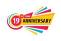 19 th birthday banner logo design. Nineteen years anniversary badge emblem. Abstract geometric poster.