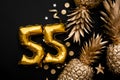 55th birthday celebration background with gold balloons and golden pineapples