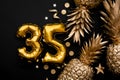 35th birthday celebration background with gold balloons and golden pineapples
