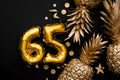 65th birthday celebration background with gold balloons and golden pineapples