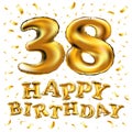 38th Birthday celebration with gold balloons and colorful confetti glitters. 3d Illustration design for your greeting card, birthd Royalty Free Stock Photo