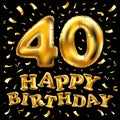 40th Birthday celebration with gold balloons and colorful confetti glitters. 3d Illustration design for your greeting card, birthd Royalty Free Stock Photo