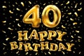 40th Birthday celebration with gold balloons and colorful confetti glitters. 3d Illustration design for your greeting card, birthd Royalty Free Stock Photo