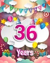 36th Birthday Celebration greeting card Design, with clouds and balloons Royalty Free Stock Photo