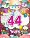 44th Birthday Celebration greeting card Design, with clouds and balloons Royalty Free Stock Photo