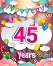 45th Birthday Celebration greeting card Design, with clouds and balloons Royalty Free Stock Photo