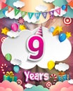 9th Birthday Celebration greeting card Design, with clouds and balloons Royalty Free Stock Photo