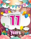 11th Birthday Celebration greeting card Design, with clouds and balloons
