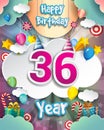 36th Birthday Celebration greeting card Design, with clouds and balloons. Vector elements for anniversary celebration Royalty Free Stock Photo