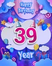 39th Birthday Celebration greeting card Design, with clouds and balloons. Vector elements for anniversary celebration Royalty Free Stock Photo