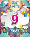 9th Birthday Celebration greeting card Design, with clouds and balloons. Vector elements for anniversary celebration Royalty Free Stock Photo