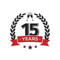 15 th birthday vintage logo template. Fifteenth years anniversary retro isolated vector emblem with red ribbon and laurel wreath