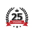 25 th birthday vintage logo template. Twenty fifth years anniversary retro isolated vector emblem with red ribbon and laurel Royalty Free Stock Photo