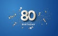 80th birthday with white numbers on a blue background.
