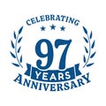 97 years anniversary celebration logotype. 97th anniversary logo. Vector and illustration.