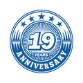 19 years anniversary celebration. 19th anniversary logo design. Nineteen years logo.