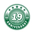 19 years anniversary celebration. 19th anniversary logo design. Nineteen years logo.