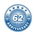 62 years anniversary celebration. 62nd anniversary logo design. 62years logo.