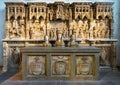 15th Century alabaster Altar Predella and Socle by Aragonese sculptor Franci Gomar in the Cloisters in New York City. Royalty Free Stock Photo