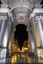 Front view of the Arco da Rua Augusta in Lisbon at night