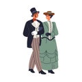 19th century aristocrat couple. Noble man and woman strolling, walking. Elegant gentleman and lady in historic victorian