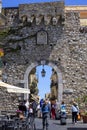 15th century Catania Gate (Porta Catania) at the street Corso Umberto, Taormina, Sicily, Italy Royalty Free Stock Photo