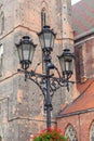 14th century gothic St. Elisabeth Church, street lamp, Market Square, Wroclaw, Poland