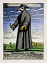 17th century illustration of a plague doctor in Rome