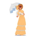 19th Century Lady Wear Elegant Gown, Umbrella and Hat Isolated on White Background. Victorian English or French Woman Royalty Free Stock Photo