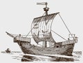 Old 14th-century merchant carrack ship at sea Royalty Free Stock Photo