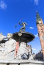 17th century Neptune`s Fountain Statue at Long Market Street, Gdansk, Poland Royalty Free Stock Photo
