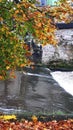 The River Calder from the bridge across it in Padiham own Centre. This river powered 20 cotton weaving Mills in 1906,all