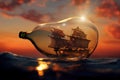 Miniature pirate ship in glass bottle Royalty Free Stock Photo