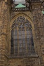 14th century St. Vitus Cathedral facade stained glass Prague. Royalty Free Stock Photo