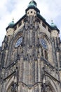 14th century St. Vitus Cathedral , facade, tower with clock, Prague, Czech Republic Royalty Free Stock Photo