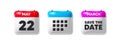 22th day of the month icon. Event schedule date. Calendar save the date 3d icon. Vector
