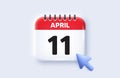 11th day of the month icon. Event schedule date. Calendar date 3d icon. Vector