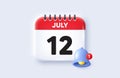 12th day of the month icon. Event schedule date. Calendar date 3d icon. Vector