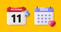 11th day of the month icon. Event schedule date. Calendar date 3d icon. Vector