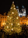 Hining Christmas tree in Prague old town, Staromestske square. Czechia Royalty Free Stock Photo