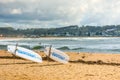 20th Feb 2020 - Avoca Beach NSW, Australia : Lifesavers rescue boards on the beach with northern end of the beach in the