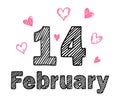 14th February inscription. Calendar 14 february. Happy Valentine s Day sketch. Black and pink hand-drawn hearts.