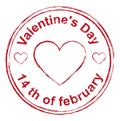 14th February Valentines Day. Red stamp imprint heart shape