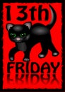 13th friday poster. Humorous flyer with a little black kitten cartoon on red background.