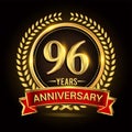 96th golden anniversary logo, with shiny ring and red ribbon, laurel wreath isolated on black background, vector design