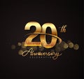 20th golden anniversary logo with swoosh and sparkle golden colored isolated on elegant background, vector design for greeting