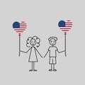 4th of July, american children, love USA sketch, girl and boy with a heart shaped balloons, black line vector Royalty Free Stock Photo