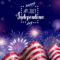 4th of July, American Independence Day celebration background with fire fireworks. Congratulations on Fourth of July. Royalty Free Stock Photo