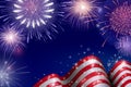 4th of July, American Independence Day celebration background with fire fireworks. Congratulations on Fourth of July. Royalty Free Stock Photo